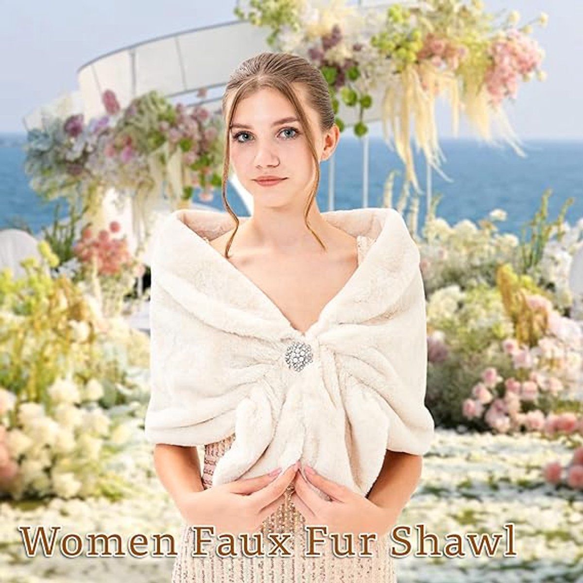 Womens Winter Scarf Poncho with Brooch, 143 x 33.5 cm