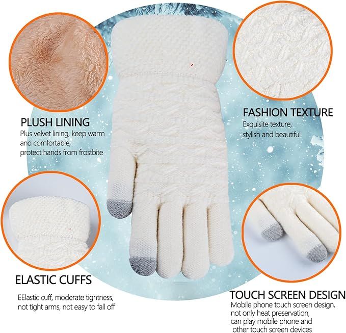 Womens Touchscreen Winter Gloves Thermal Knitted Fleece Lined White