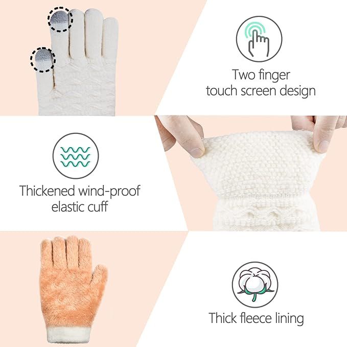 Womens Touchscreen Winter Gloves Thermal Knitted Fleece Lined White