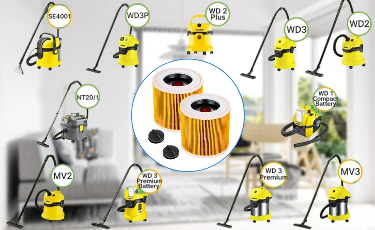 2 Filters Suitable For KäRcher WD3 WD2 WD1 And A Series - Cartridge Filter - Cartridge Filter - Suitable For KäRcher Accessories - For People With Allergies To Fine Dust / Odors - Replacement for original 6.414-552.0 - Reusable - High Quality