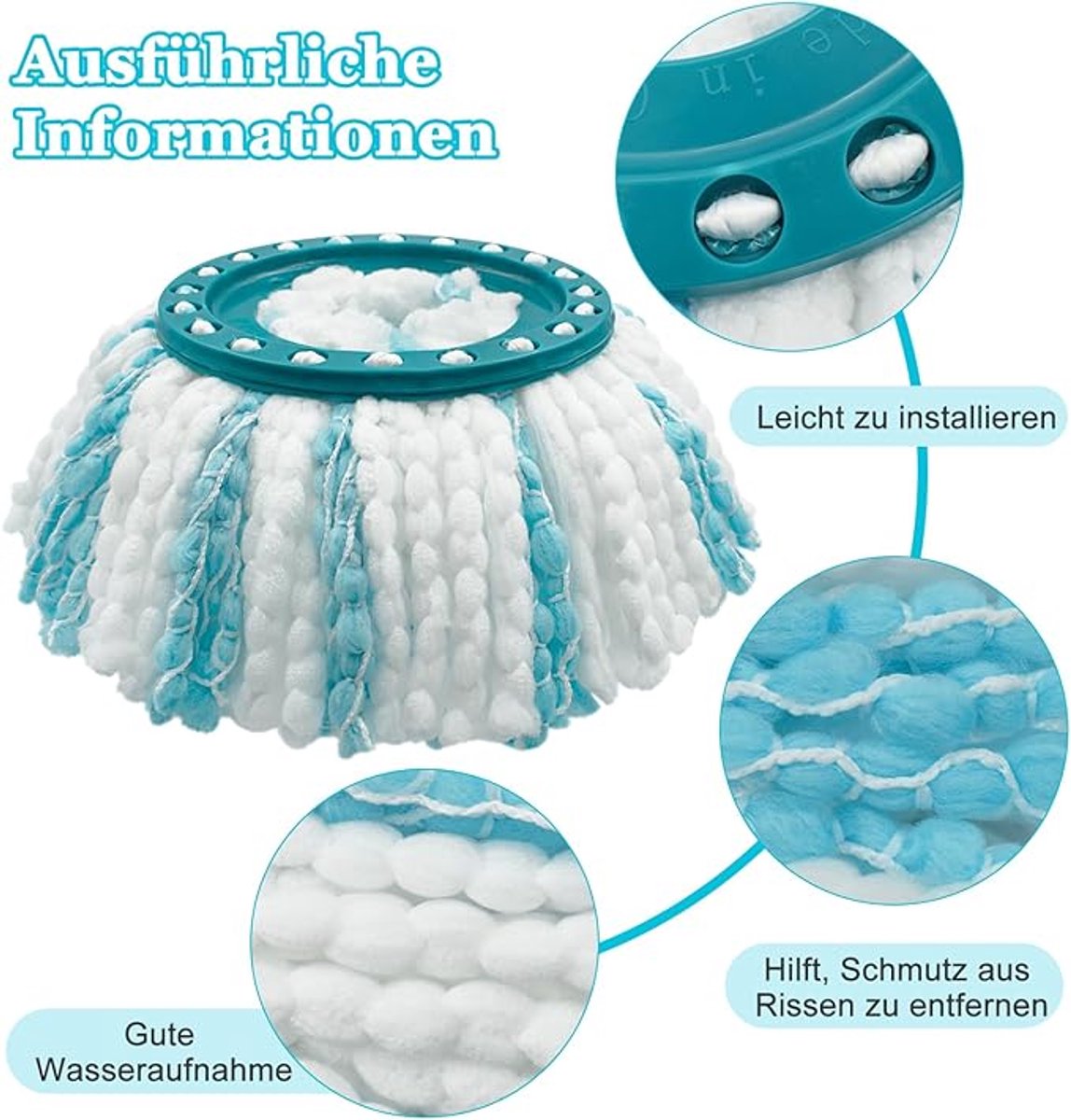 3-Pack replacement mop heads - Replacement mop heads - Mop heads - Replacement microfiber - Dual fiber system - High water absorption and dirt pickup - Suitable for all floor types