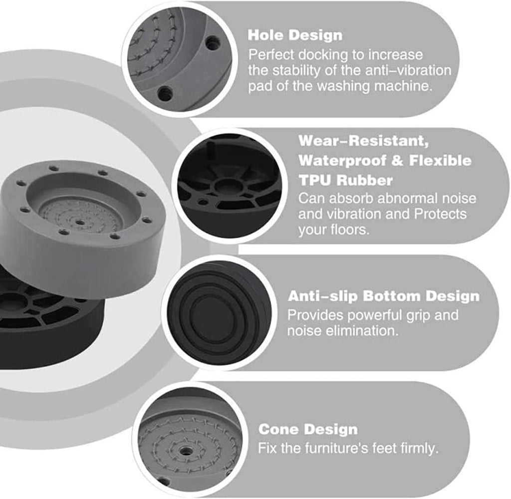 4 Washing Machine Feet - Universal Anti-Vibration Pads for Washing Machines - Washing Machine Vibration Dampers - Non-Slip Rubber Pads - Washing Machine Feet - Stabilizer Foot - Washing Machine Sound Damper - For Washing Machines, Dryers, and Furniture