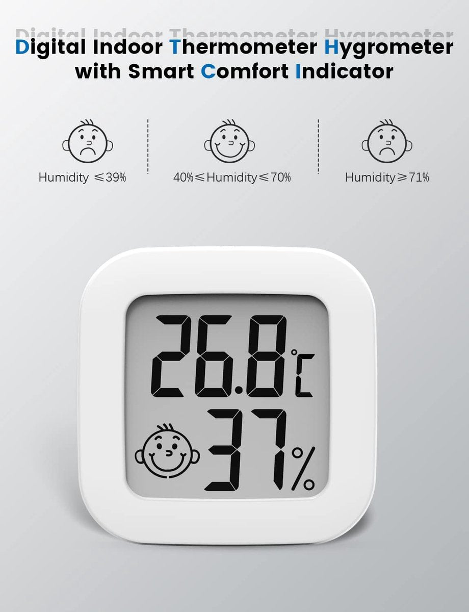 Mini digital indoor thermometer - Weather station - Thermometer - Highly accurate temperature monitor - Indoor thermometer - Hygrometer - Thermo-hygrometer - Comfort level indicator - White