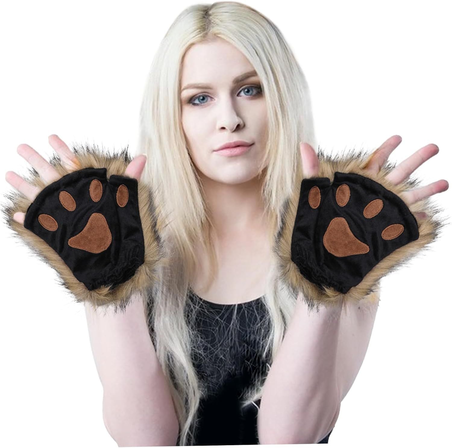 Black Half Finger Cat Paw Therian Gloves for Adults and Kids Cosplay, Realistic Embroidered Faux Fur Paws with Soft Texture, One Pair for Stage and Parties