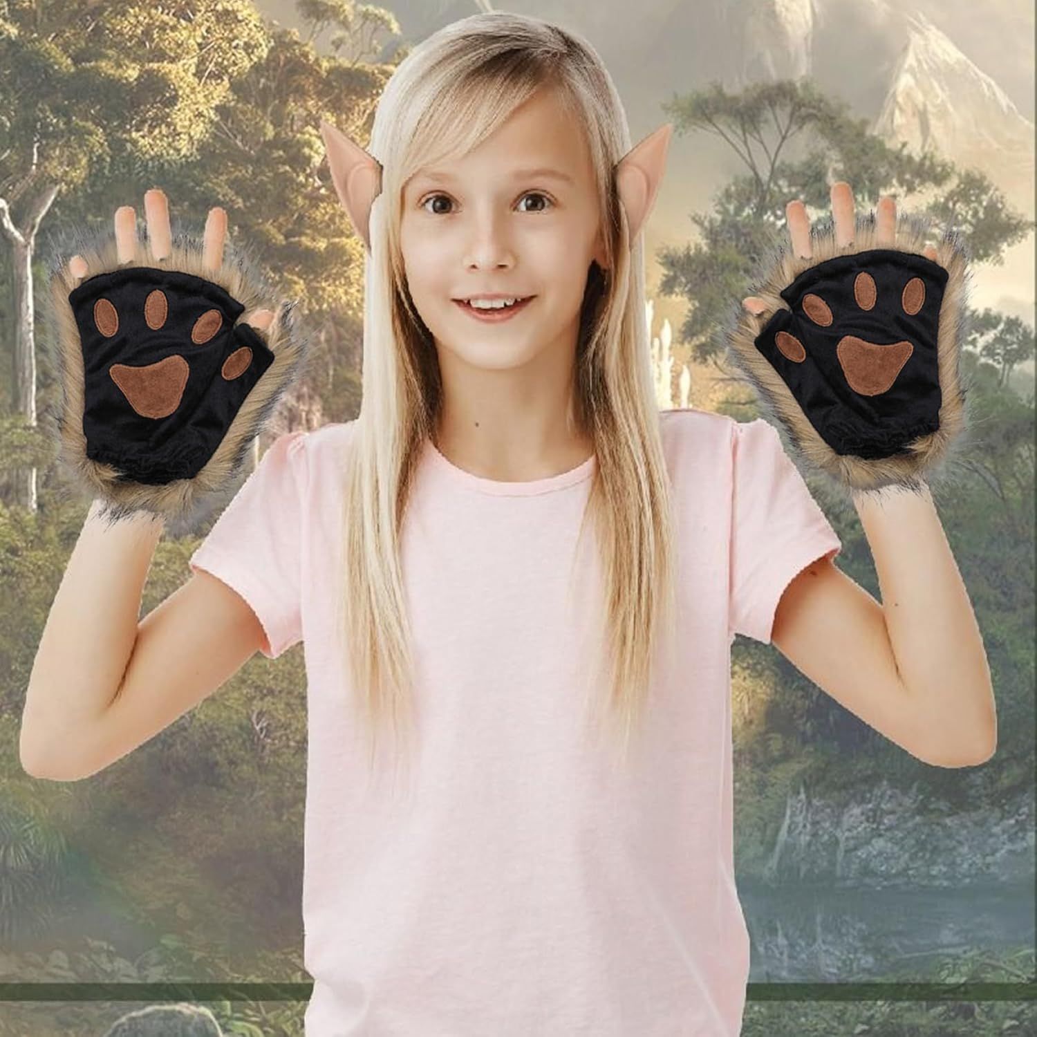 Black Half Finger Cat Paw Therian Gloves for Adults and Kids Cosplay, Realistic Embroidered Faux Fur Paws with Soft Texture, One Pair for Stage and Parties