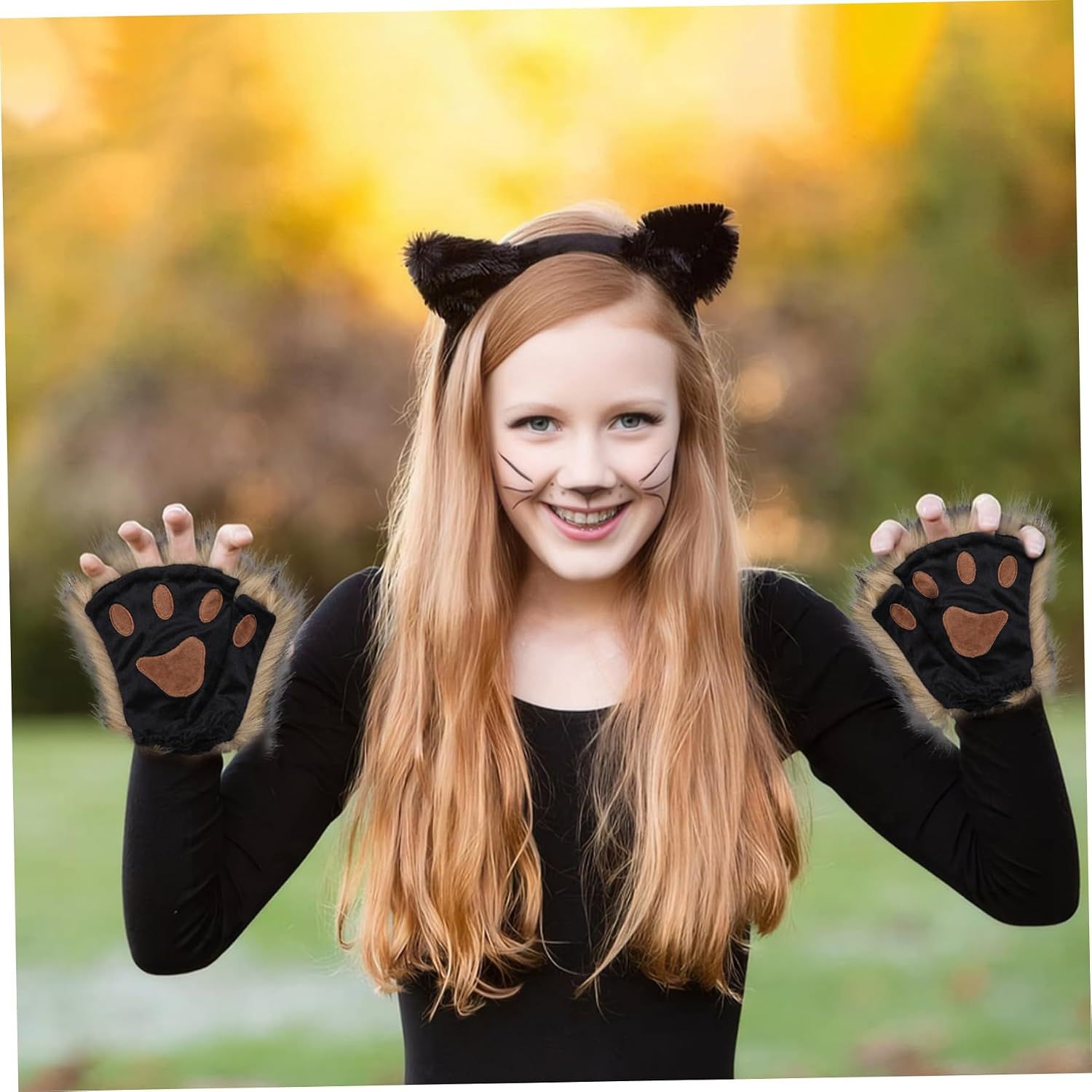 Black Half Finger Cat Paw Therian Gloves for Adults and Kids Cosplay, Realistic Embroidered Faux Fur Paws with Soft Texture, One Pair for Stage and Parties