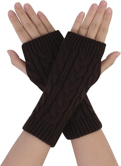 Brown Fingerless Wrist Mittens for Women, Classic Acrylic Knit Gloves Available in 9 Colors, Ideal for Typing Driving and Casual Cool Weather Wear