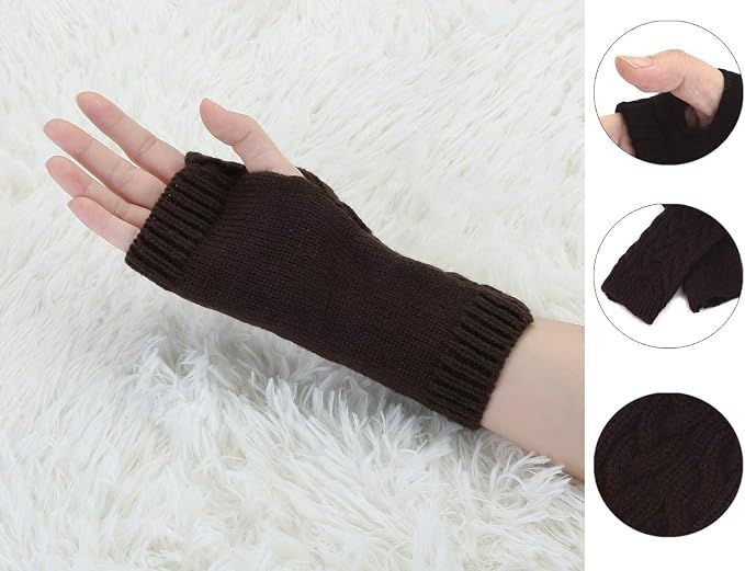 Brown Fingerless Wrist Mittens for Women, Classic Acrylic Knit Gloves Available in 9 Colors, Ideal for Typing Driving and Casual Cool Weather Wear