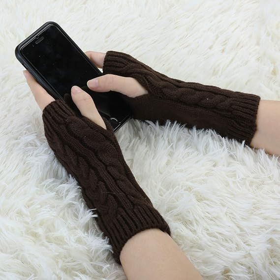 Brown Fingerless Wrist Mittens for Women, Classic Acrylic Knit Gloves Available in 9 Colors, Ideal for Typing Driving and Casual Cool Weather Wear