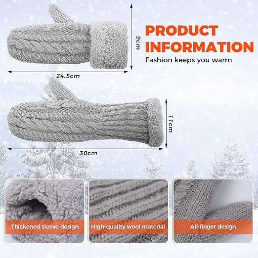 Black Thick Fleece Lined Insulated Mittens for Women, Crochet Knit Design with Inner Fleece Lining, Button Fastening Stretchy Fit for Cold Weather