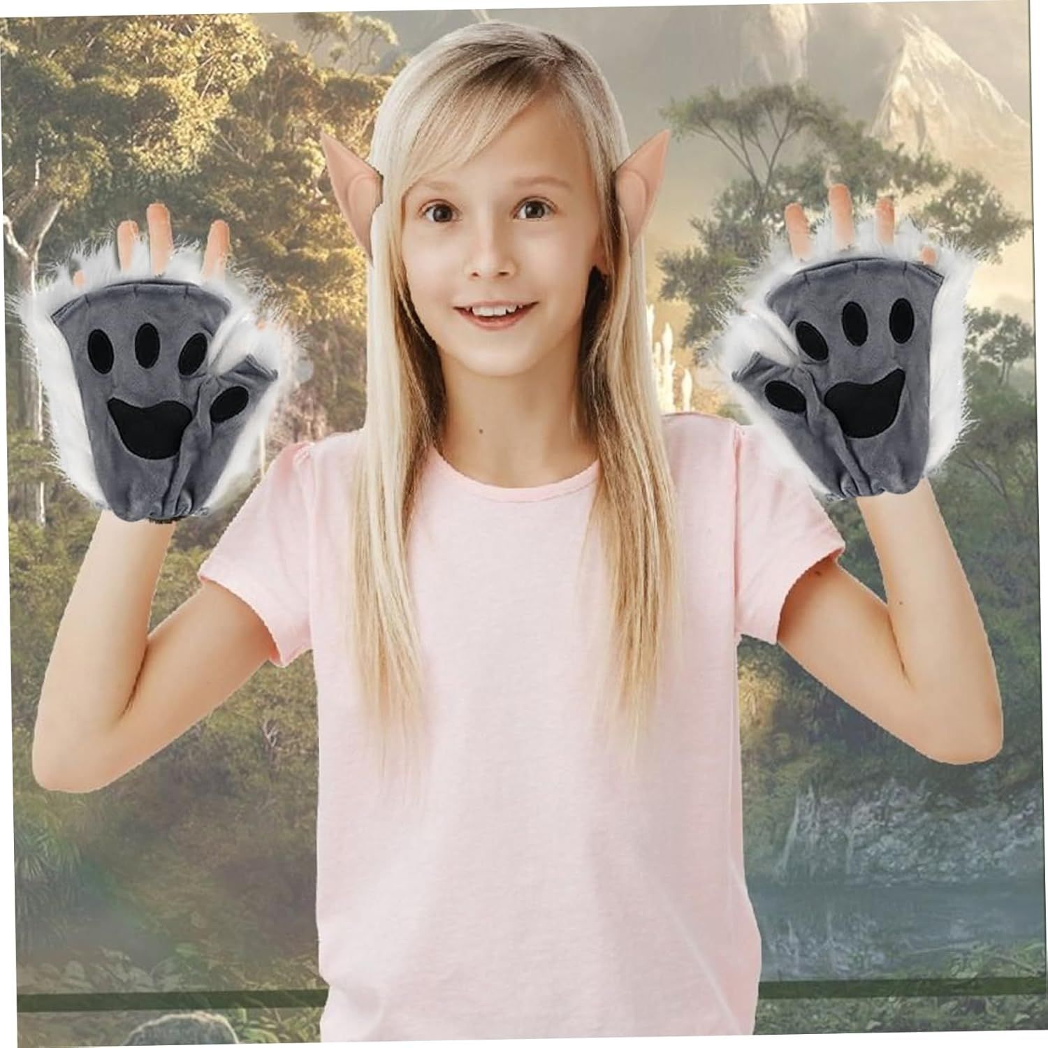 Black Grey Half Finger Cat Paw Therian Gloves for Adults Kids Cosplay, Embroidered Realistic Faux Fur Paws with Soft Texture, Perfect for Stage and Theme Parties