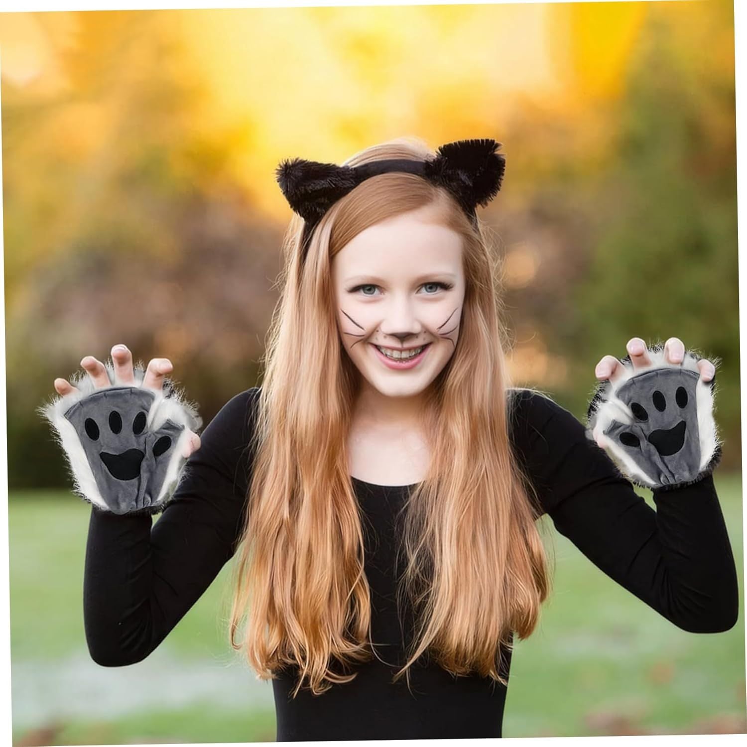 Black Grey Half Finger Cat Paw Therian Gloves for Adults Kids Cosplay, Embroidered Realistic Faux Fur Paws with Soft Texture, Perfect for Stage and Theme Parties
