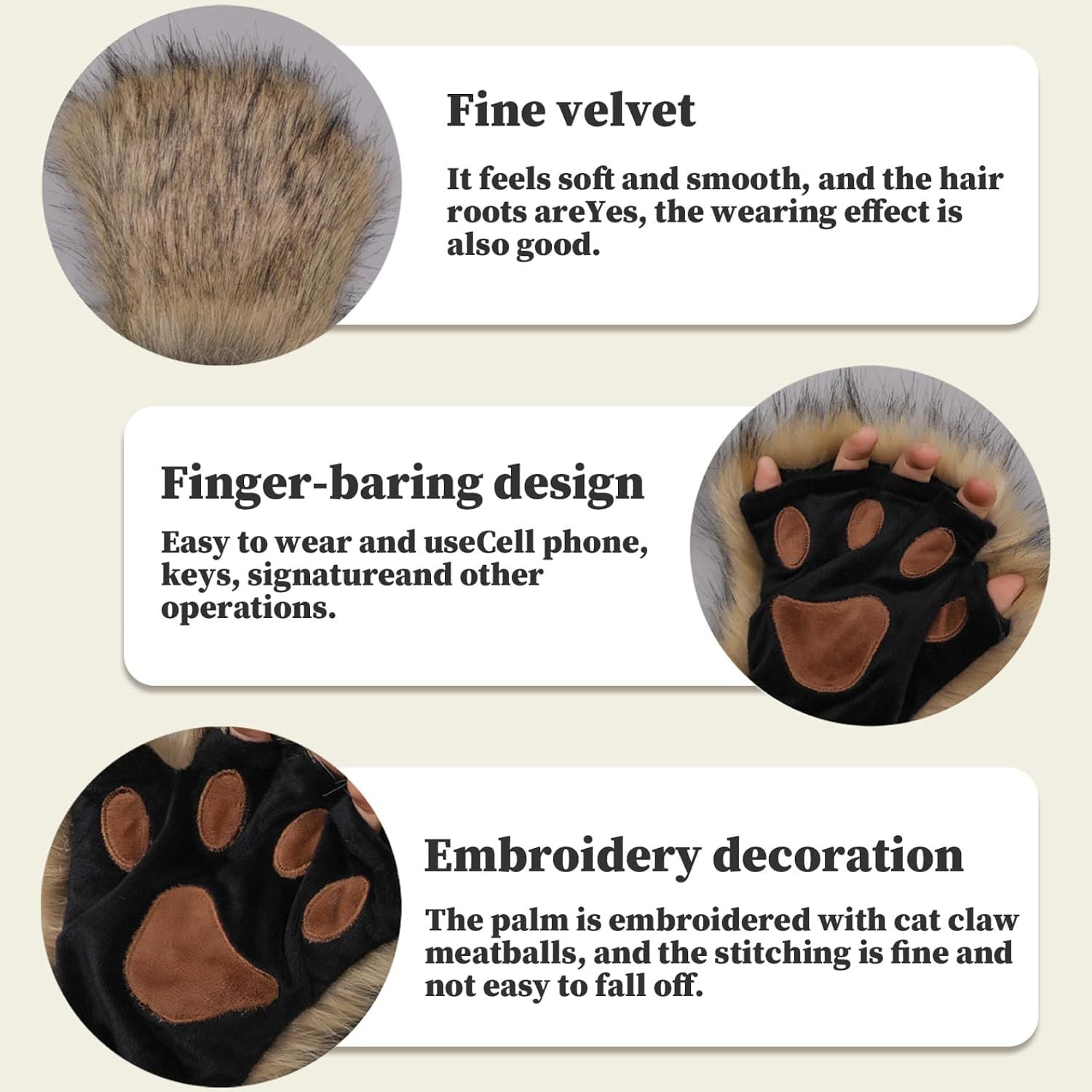 Black Half Finger Cat Paw Therian Gloves for Adults and Kids Cosplay, Realistic Embroidered Faux Fur Paws with Soft Velvety Texture for Themed Parties and Stage