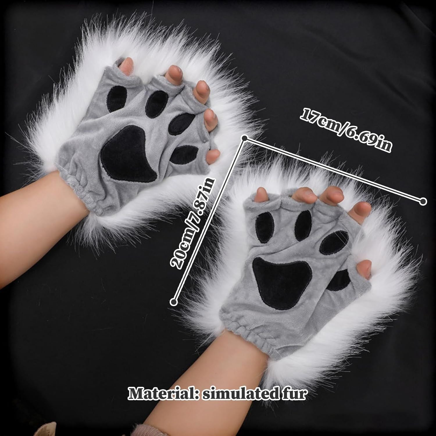Black Grey Half Finger Cat Paw Therian Gloves for Kids and Adults Cosplay, Embroidered Realistic Faux Fur Paws with Plush Texture for Stage and Costume Parties