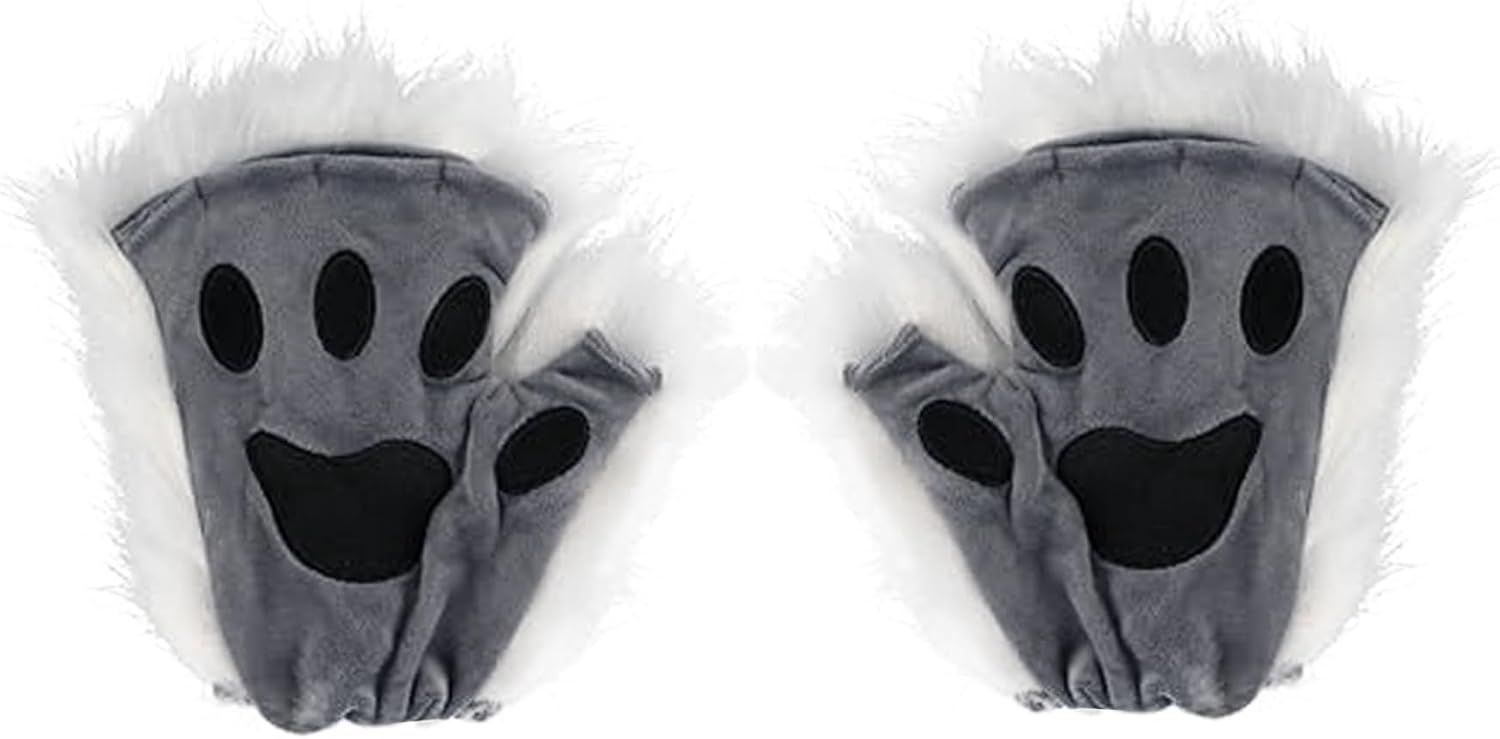 Black Grey Half Finger Cat Paw Therian Gloves for Kids and Adults Cosplay, Embroidered Realistic Faux Fur Paws with Plush Texture for Stage and Costume Parties