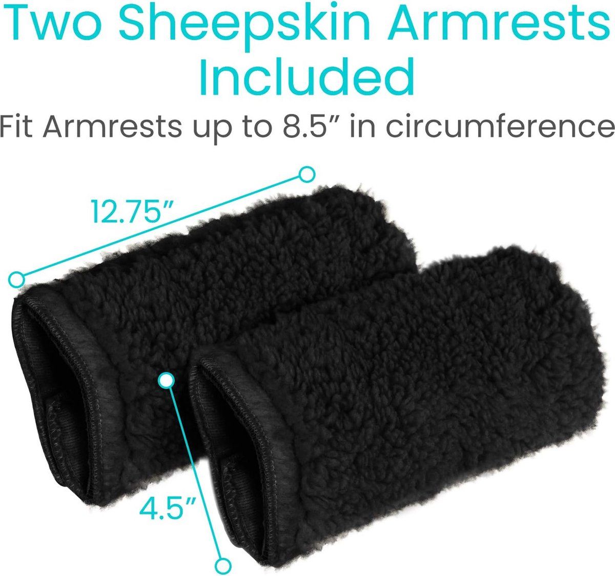 Black Memory Foam Wheelchair Armrest Cushion Covers 2 Pack, Synthetic Sheepskin Pressure Relief for Seniors Adults, Compatible with Standard Wheelchairs and Office Chairs