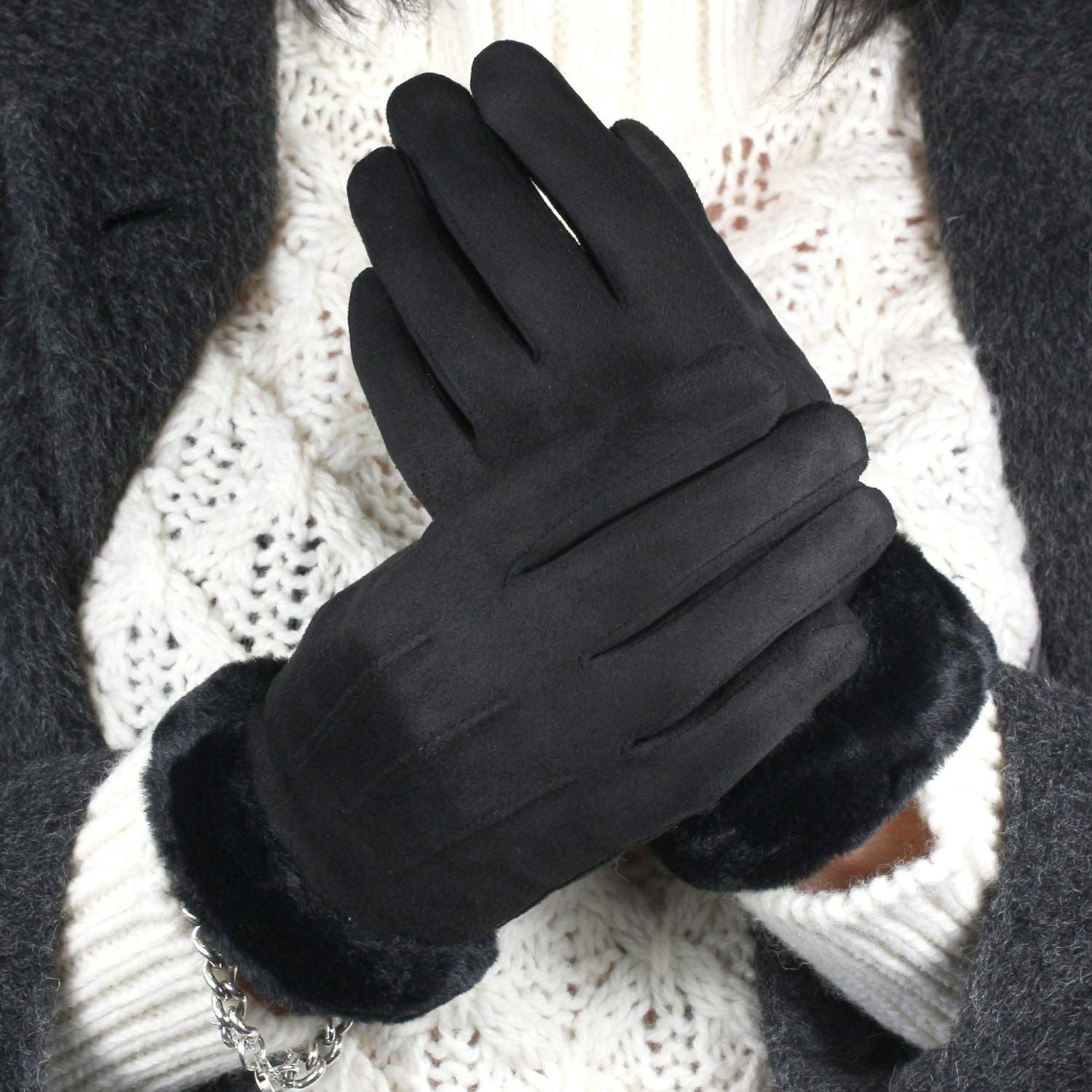 Women's Elegant Faux Suede Winter Gloves with Cozy Fleece Lining and Faux Fur Cuff, Touchscreen Compatible Right Index Finger, Available in 9 Attractive Colors