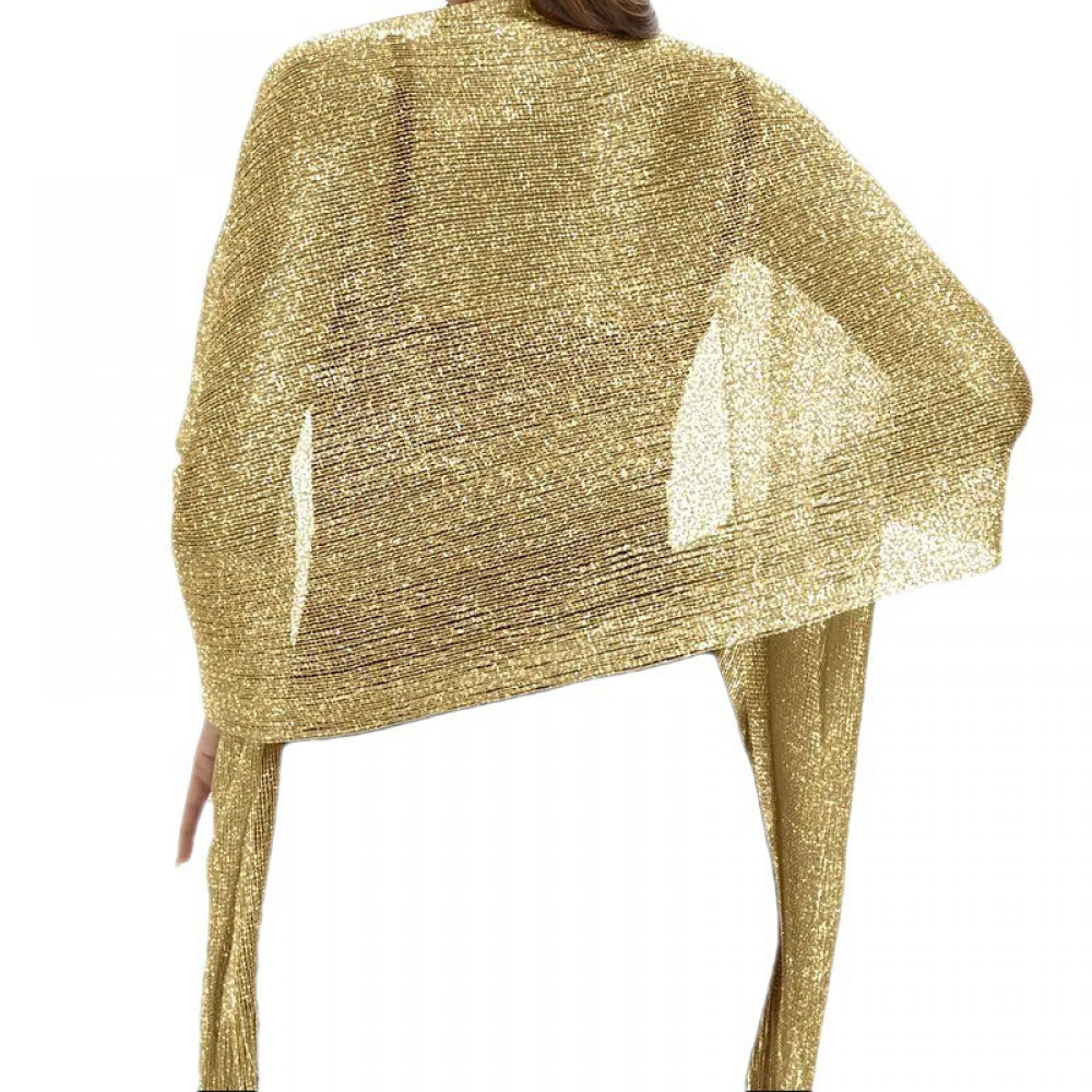Gold European Style Silk Scarf Tassel Shawl for Women 50x164 cm, Lightweight with Silver Glitter Thread, Perfect for Evening Parties and Formal Events