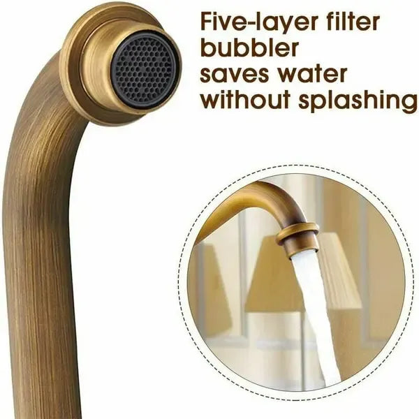 360 Degree Rotation Rotatable Faucet Double Brass Basin Faucet Brushed Kitchen Sink Soft Close Vintage Tap for Hot and Cold, Antique Copper Finish