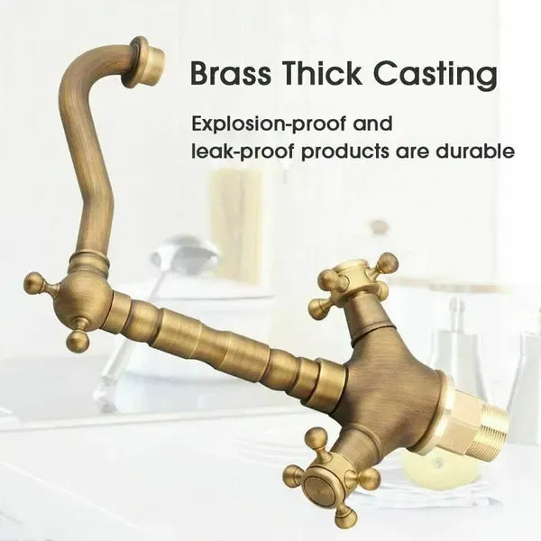 360 Degree Rotation Rotatable Faucet Double Brass Basin Faucet Brushed Kitchen Sink Soft Close Vintage Tap for Hot and Cold, Antique Copper Finish