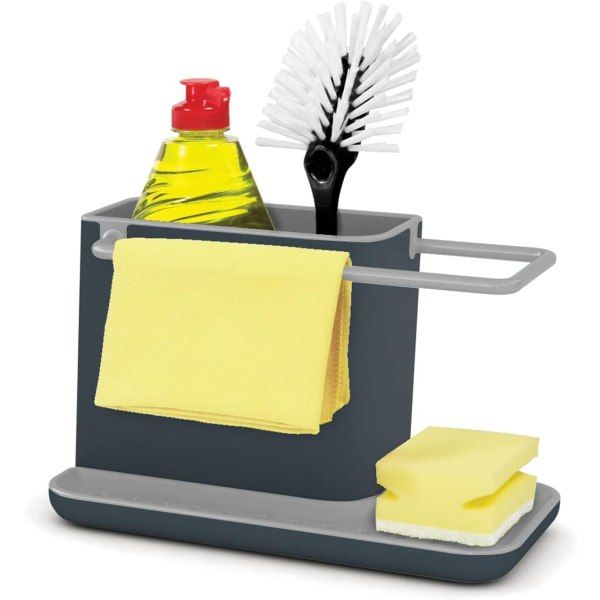 Sink storage/organizer with integrated drain, holder for sponge, brush, detergent and dishcloth, removable, regular size, Gray, Grey Finish