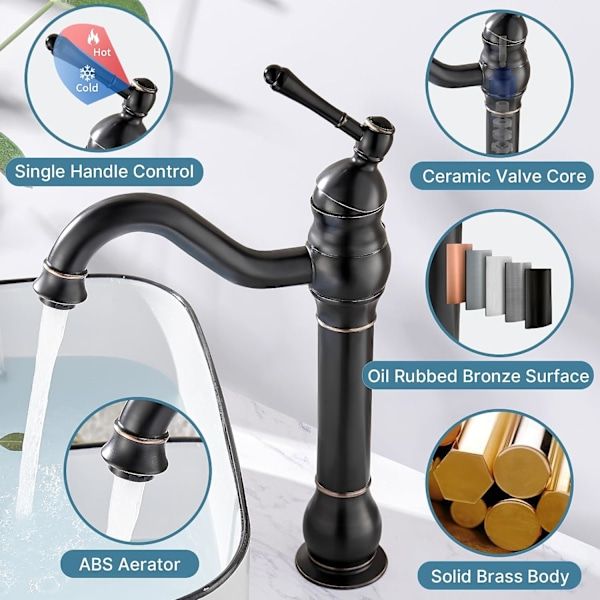High Bathroom Faucet 360 Degree Rotation Rotatable Countertop Mixer, Retro Classic Bathroom Faucet Brass Countertop Mixer, Black Finish