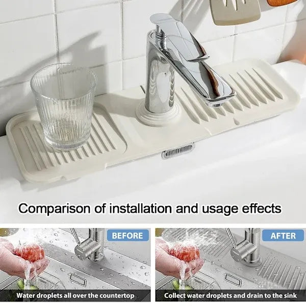 Faucet Splash Pad and Handle Drip Catcher, Silicone Sink Mat for Kitchen Countertop Protection and Drainage Use, Beige Finish