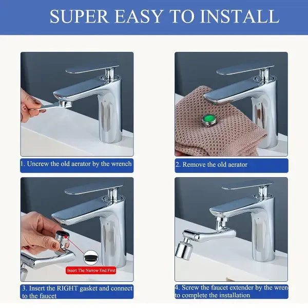 1080 Degree Rotation Rotatable faucet extender + 2 water outlet modes, 1080 degree rotation, splash reduction, Silver Finish