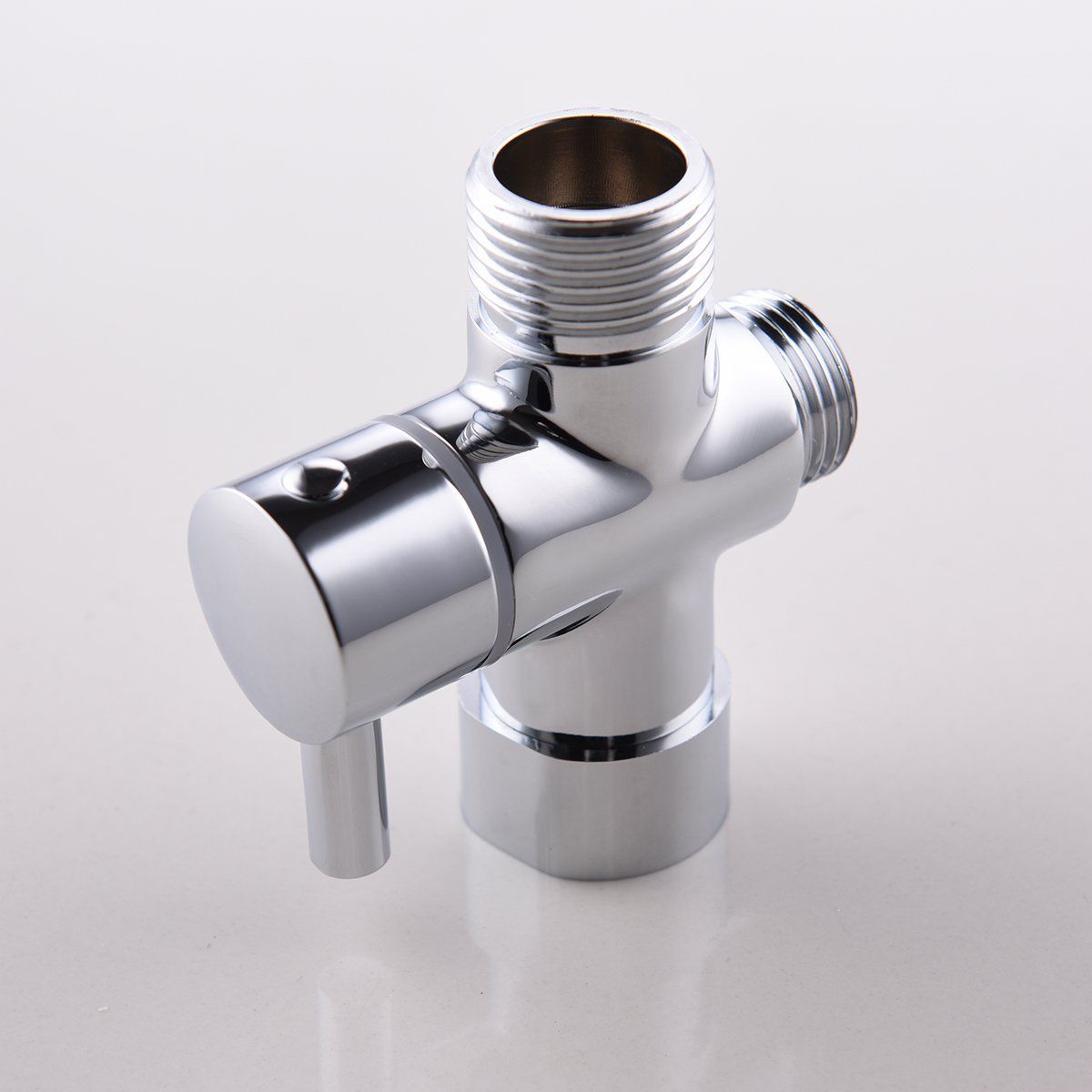 3-way T-connector with shut-off valve for bathroom, 7 x 7 Overall Size, 1 x 3 Overall Size, leak-resistant use, Silver Finish