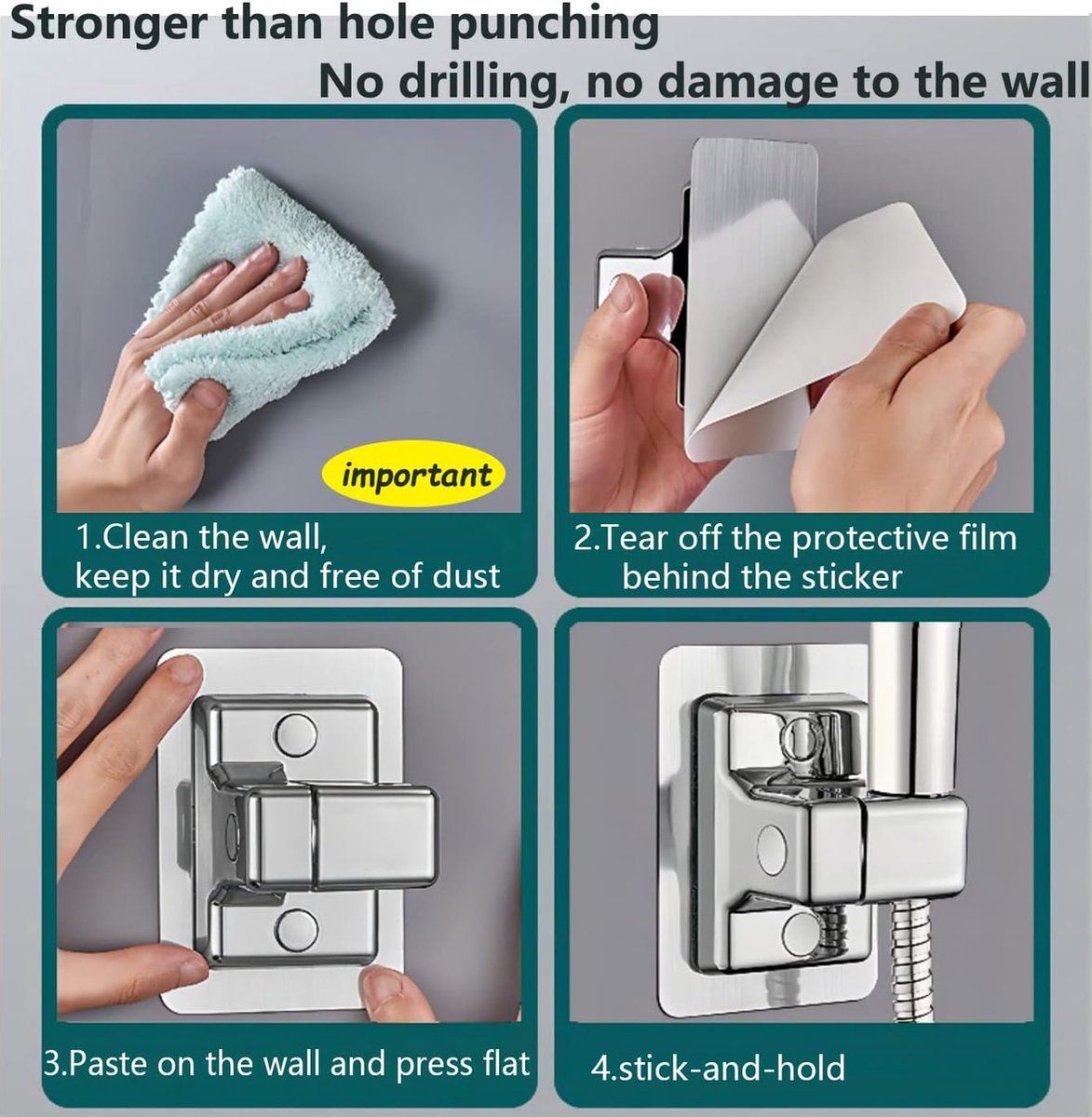 Shower Head Holder, 360 Degree Rotation Adjustable, Self-Adhesive, No Drilling, Waterproof, Universal, ABS material, Black Finish