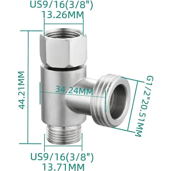 3-way 3/8" and 1/2" 3-way adapter Tee connector Stainless steel 3/8" water pipe T-connector, G1/2 Thread, Brushed Nickel Finish
