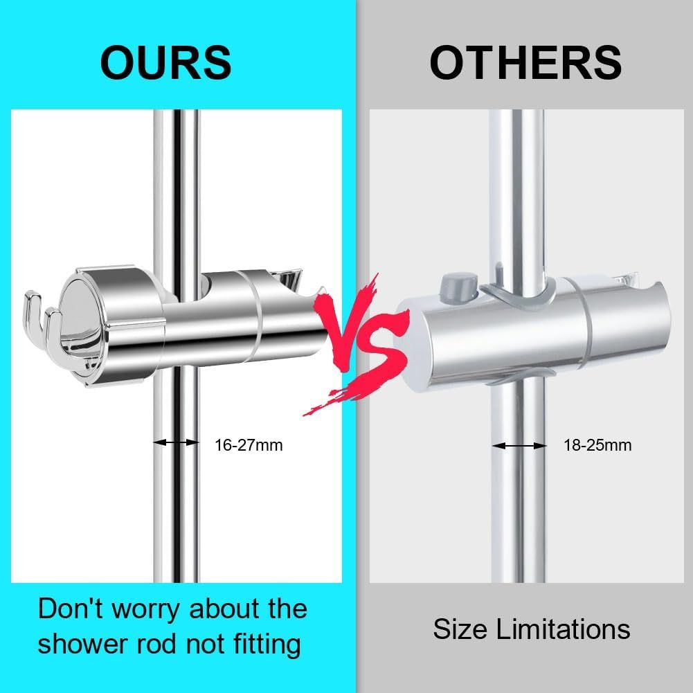Hand Shower Holder for 16-27 mm Shower Rod Fit Rail, Adjustable Replacement Shower Holder, 360 Degree Rotation, with 2 Hooks, Chrome Finish