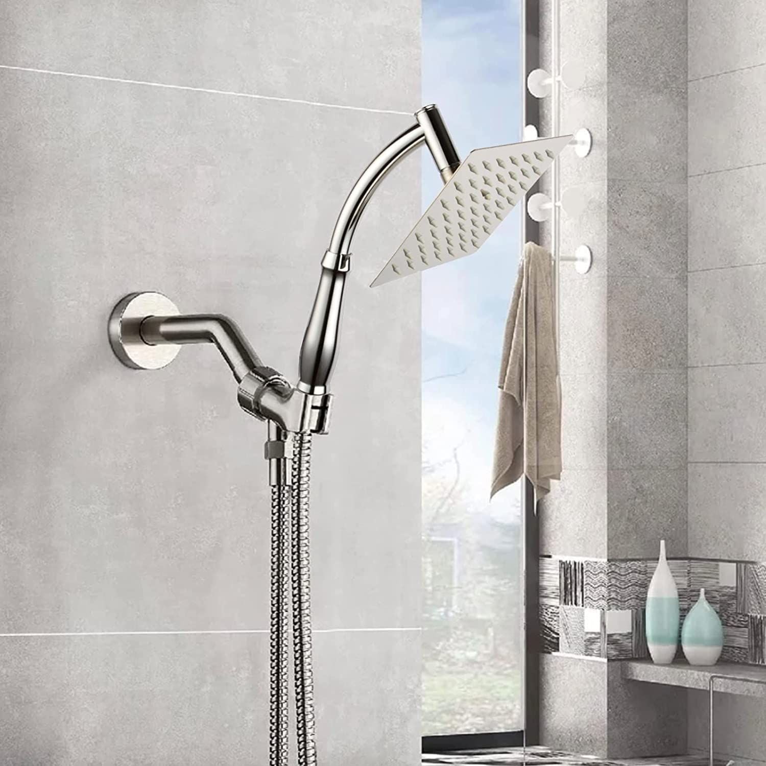 Powerful Rain Shower Head- High Pressure Rain Shower Heads- Large Square Shower Head Universal Replacement Shower Accessories, Chrome Finish