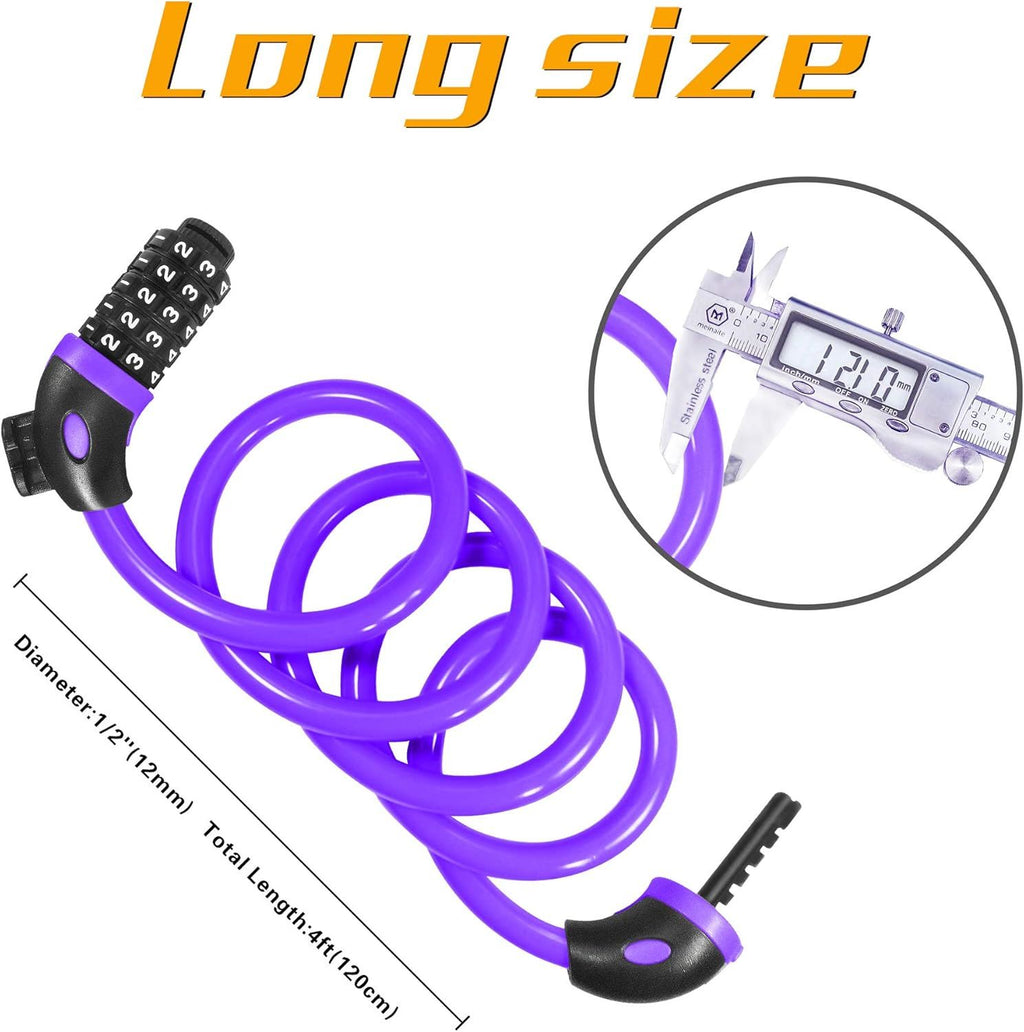 Bicycle Lock (Purple), 120cm x 12mm Long, Cable for Scooter Motorcycles Gate with 5-Digit Smart Code and Stroller L, Replacement Part