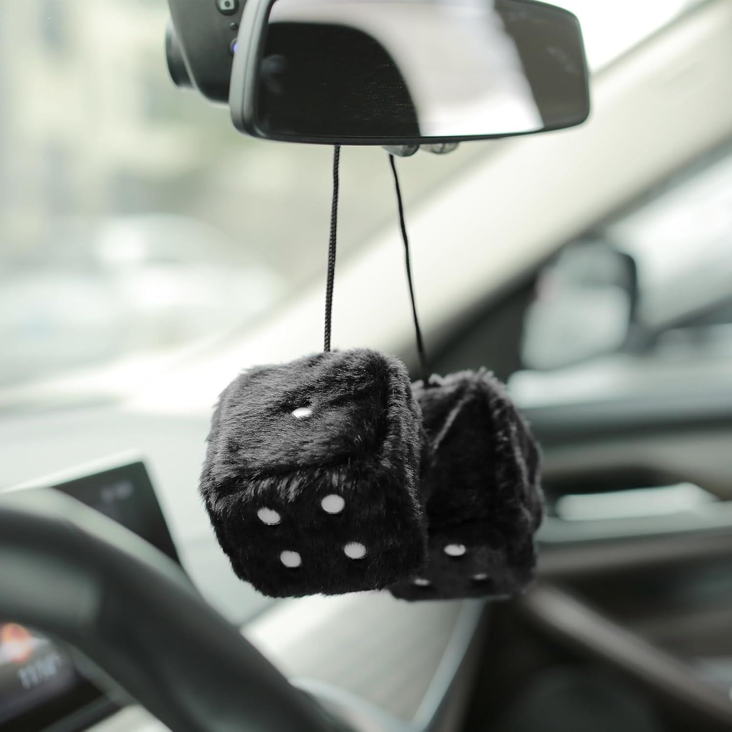 Replacement Pair of 2.75" Fuzzy Dice with Leather Dots Retro Car Rearview Mirror Hanging Accessories for Car Decoration (Black)_qcx, Made of Fabric