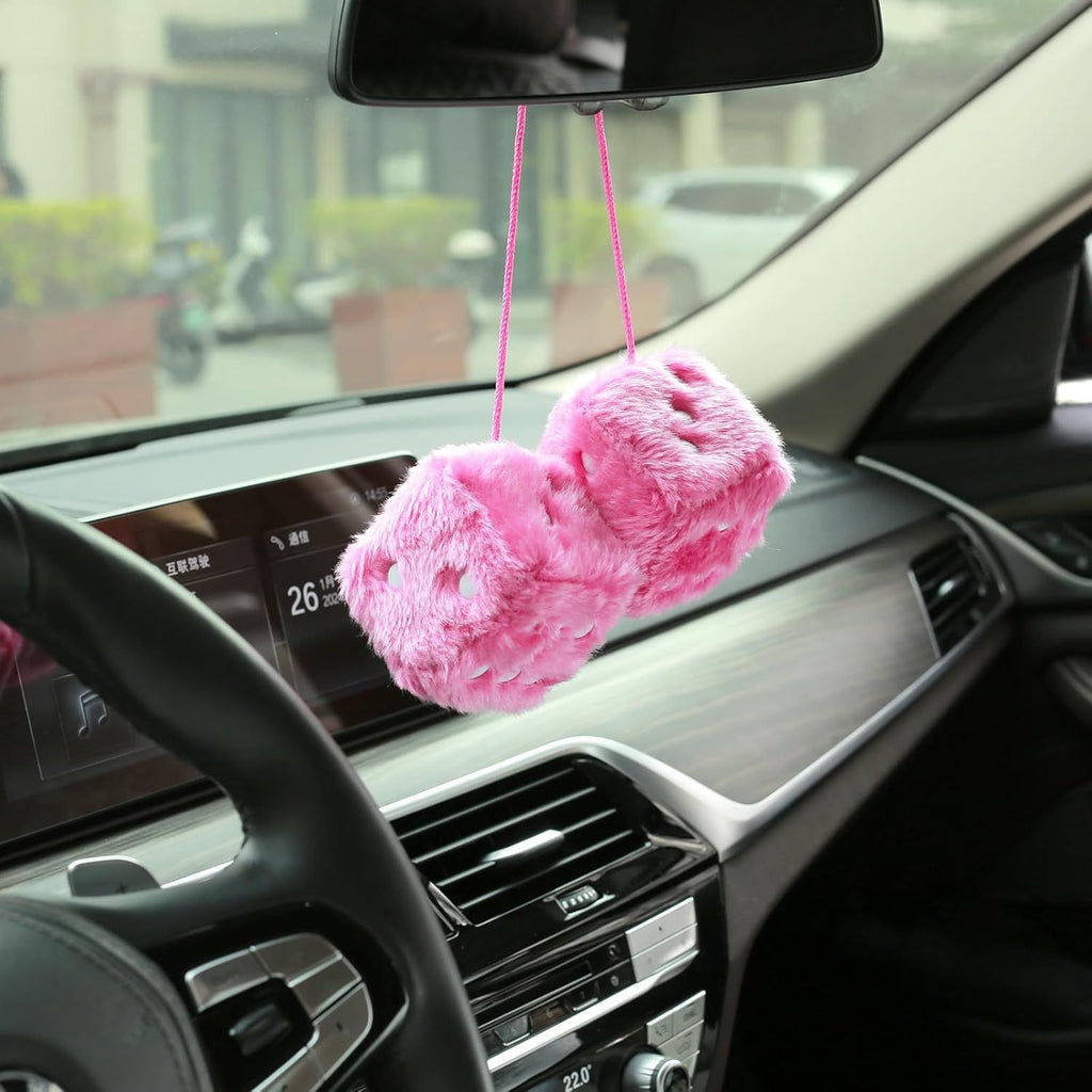 Compatible Pair of 2.75" Fuzzy Dice with Leather Dots Retro Car Rearview Mirror Hanging Accessories for Car Decoration (Pink)_qcx, Made of Fabric