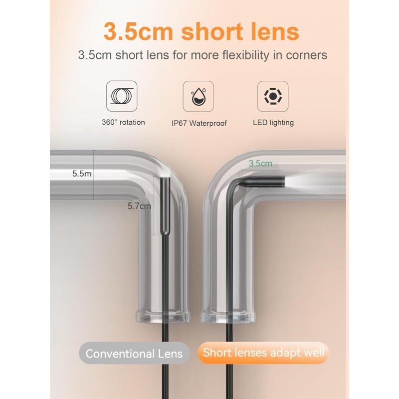Endoscope Camera, 1080P HD Endoscope, 2.4 Inch IPS Screen Pipe Inspection Camera, IP67 Waterproof Camera, 5M Semi-Rigid Cable, with Light, Clear Color