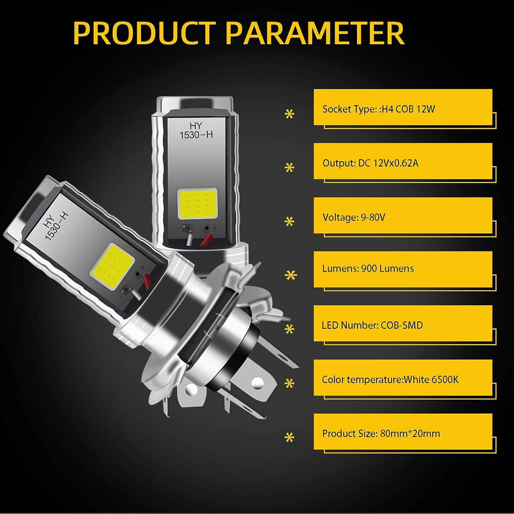 Long Lasting Premium Compatible ST H4 LED Bulb 12V Motorcycle Car Headlight 12W COB LED Lamp High Low Beam, Perfect Fit
