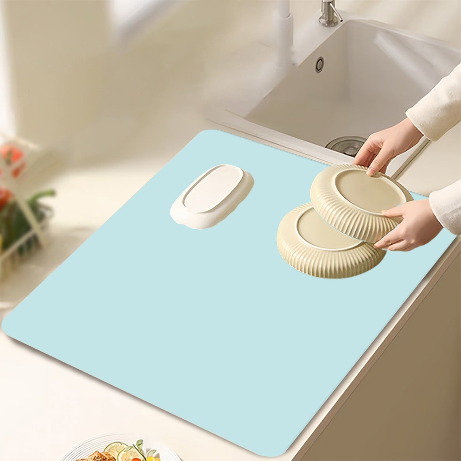 Dish Drying Mat, 12x16" High Absorbent & Soft Dish Drainer, Diatomite Drying Matt Kitchen Counter for Kitchen Countertops, Sinks, Draining Racks, Drying Mat Blue