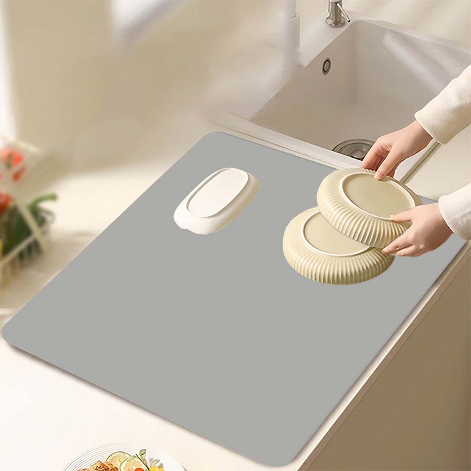 Dish Drying Mat, 12x16" High Absorbent & Soft Dish Drainer, Diatomite Drying Matt Kitchen Counter for Kitchen Countertops, Sinks, Draining Racks, Drying Mat Gray