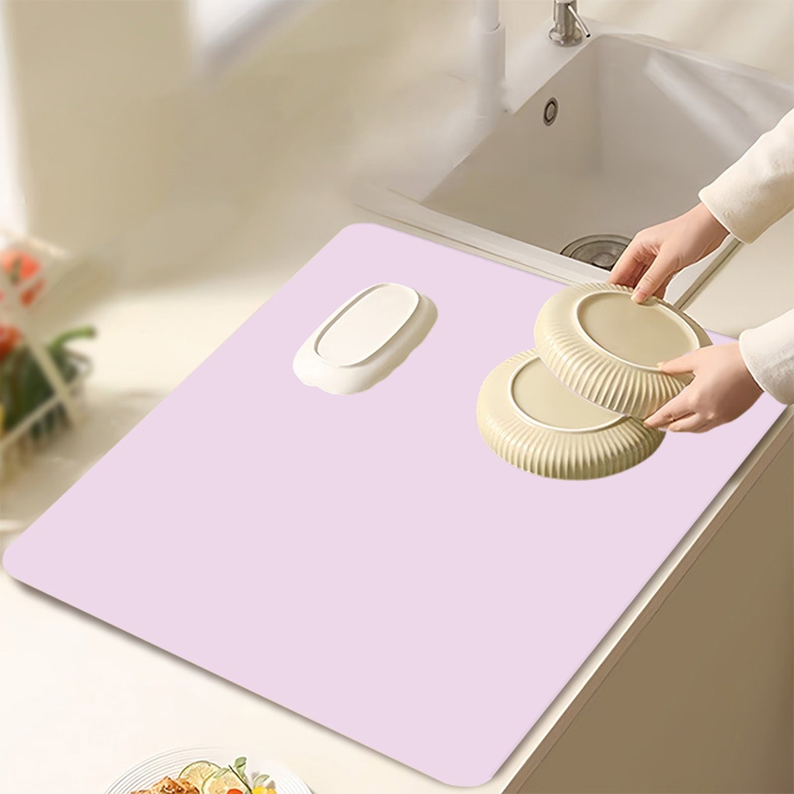 Dish Drying Mat, 12x16" High Absorbent & Soft Dish Drainer, Diatomite Drying Matt Kitchen Counter for Kitchen Countertops, Sinks, Draining Racks, Drying Mat Pink