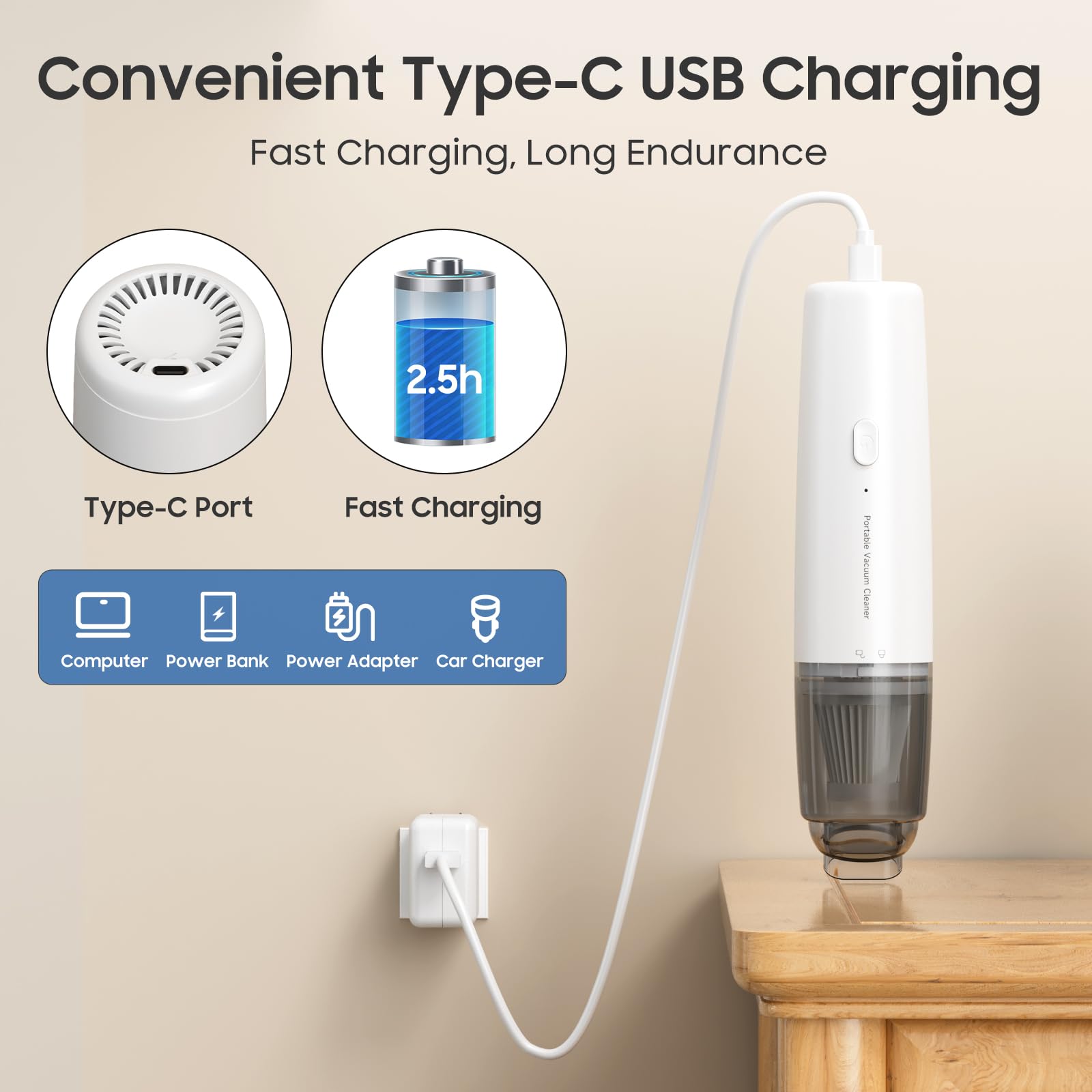 Handheld Vacuum Cleaner - Cordless Vacuum Cleaner - Car Vacuum Cleaner - Portable Vacuum Cleaner - Handheld Vacuum Cleaner - USB Rechargeable - Strong Suction - Washable Filter - Includes 2 Filters - Cordless - Mini Vacuum Cleaner - Bagless - Compact - Wh