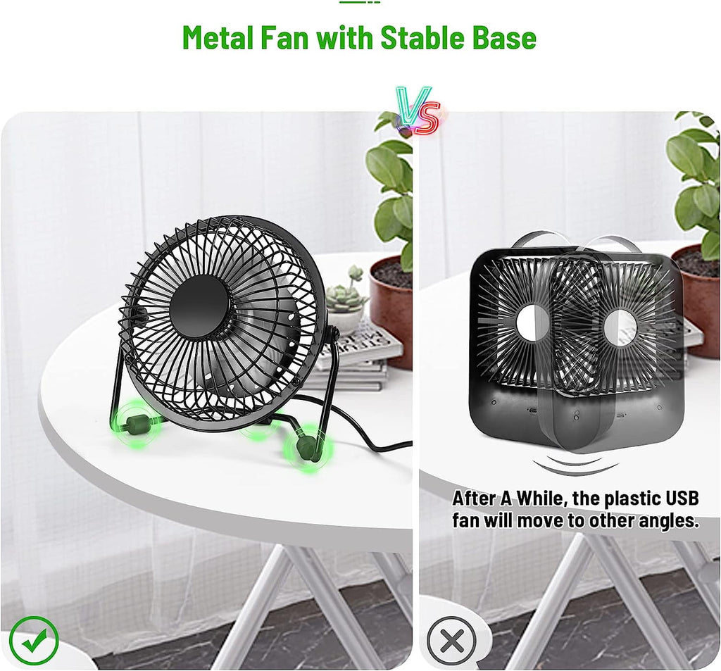 Tutuviw 4 Inch USB Desk Fan,Small and Quiet,Powerful USB Powered Portable Fan,Strong Airflow,Mini Metal USB Fan,360°Rotation,Personal Cooling Fan with 2 Speed for Home Office,Black Green