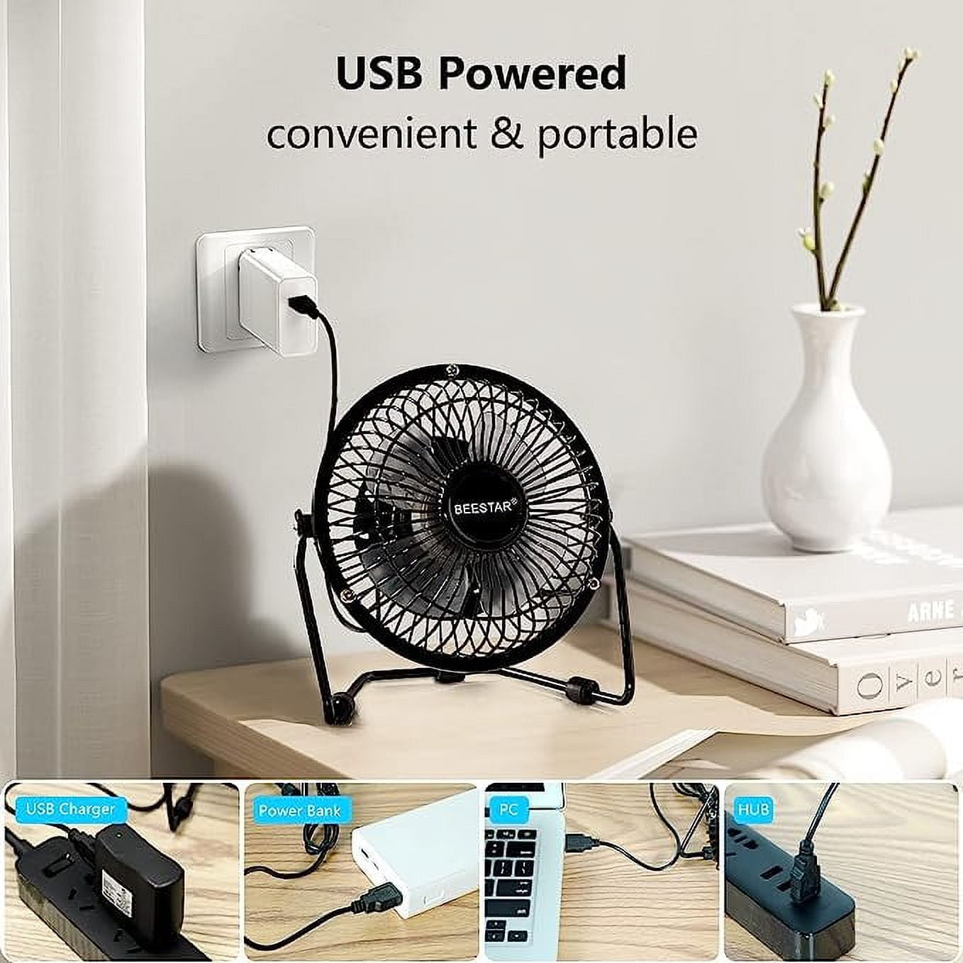 Tutuviw 4 Inch USB Desk Fan,Small and Quiet,Powerful USB Powered Portable Fan,Strong Airflow,Mini Metal USB Fan,360°Rotation,Personal Cooling Fan with 2 Speed for Home Office,Black Pink