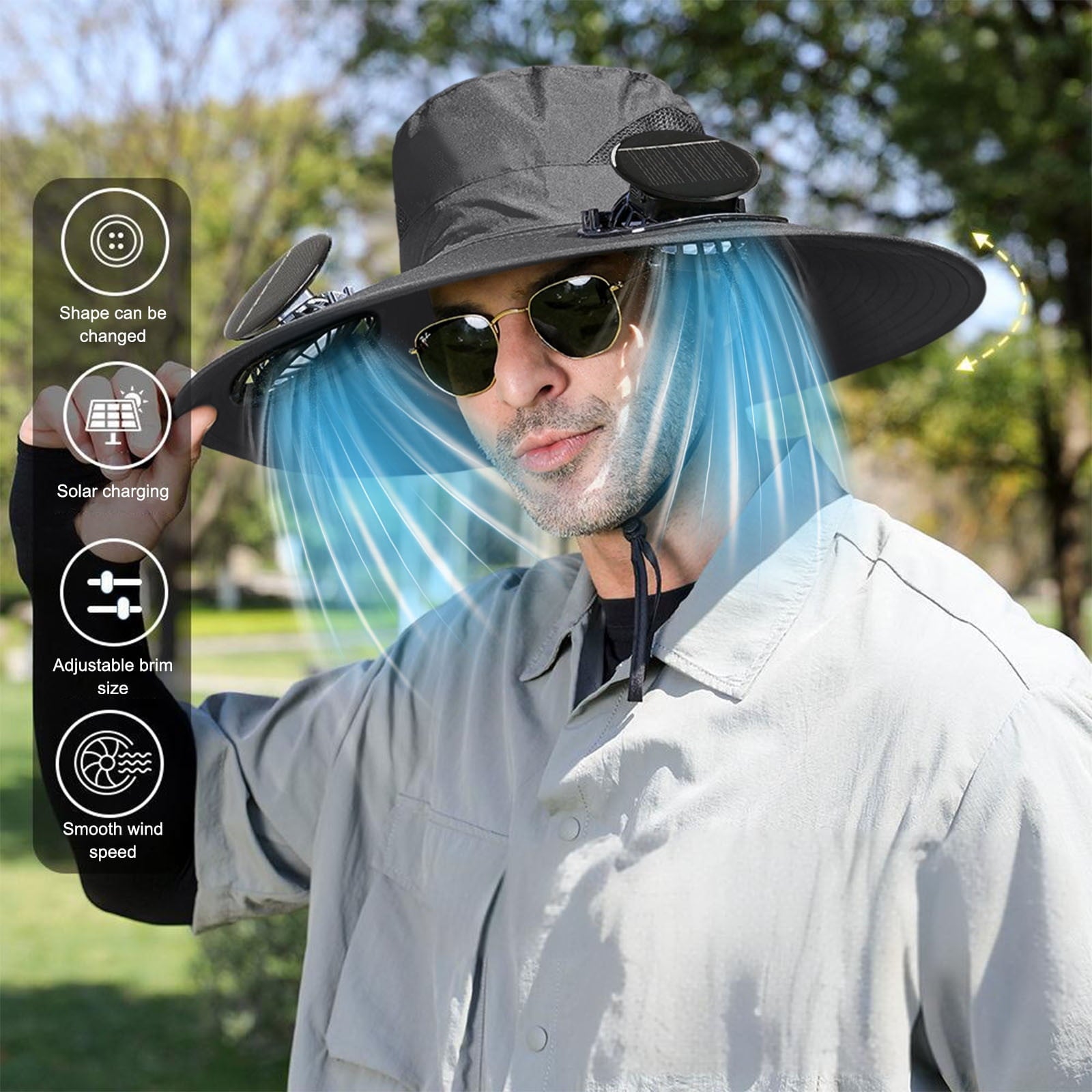 Solar Fan Hat Wide Brim Solar Fan Hat Outdoor Wide Brim Sun Hat with Solar Fan Fishing Hat, Removable & USB Charging Fan B-Dark Gray