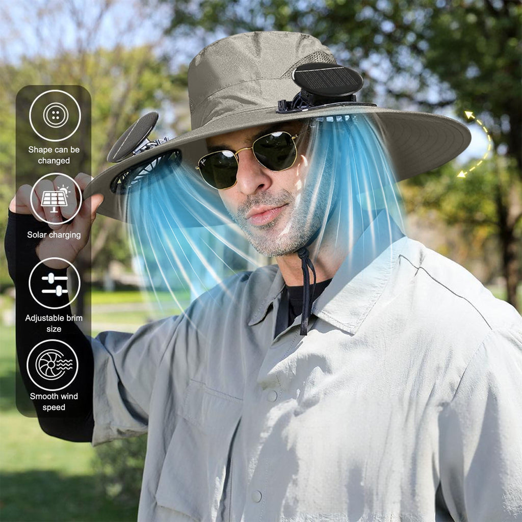 Solar Fan Hat Wide Brim Solar Fan Hat Outdoor Wide Brim Sun Hat with Solar Fan Fishing Hat, Removable & USB Charging Fan B-Gray