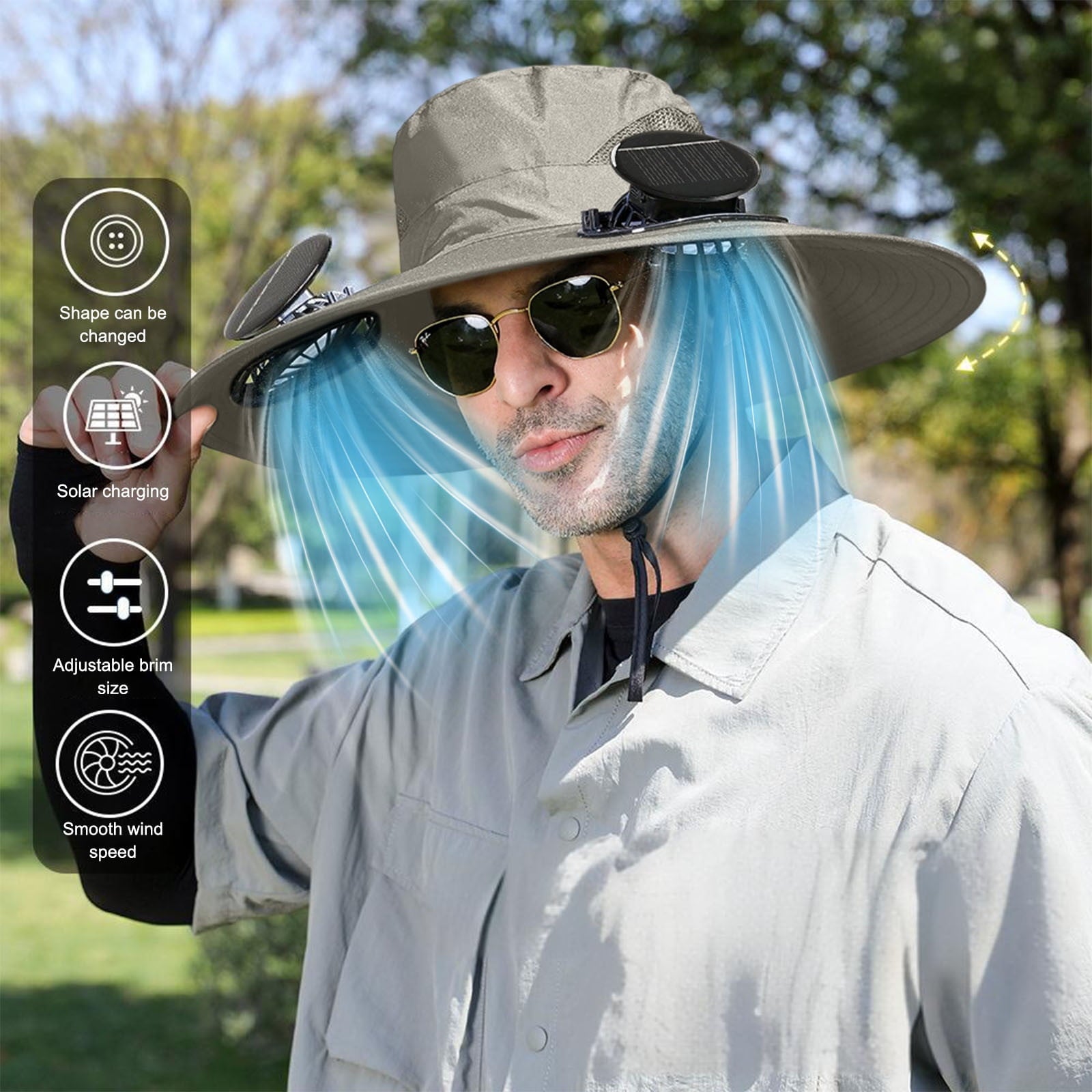 Solar Fan Hat Wide Brim Solar Fan Hat Outdoor Wide Brim Sun Hat with Solar Fan Fishing Hat, Removable & USB Charging Fan B-Gray