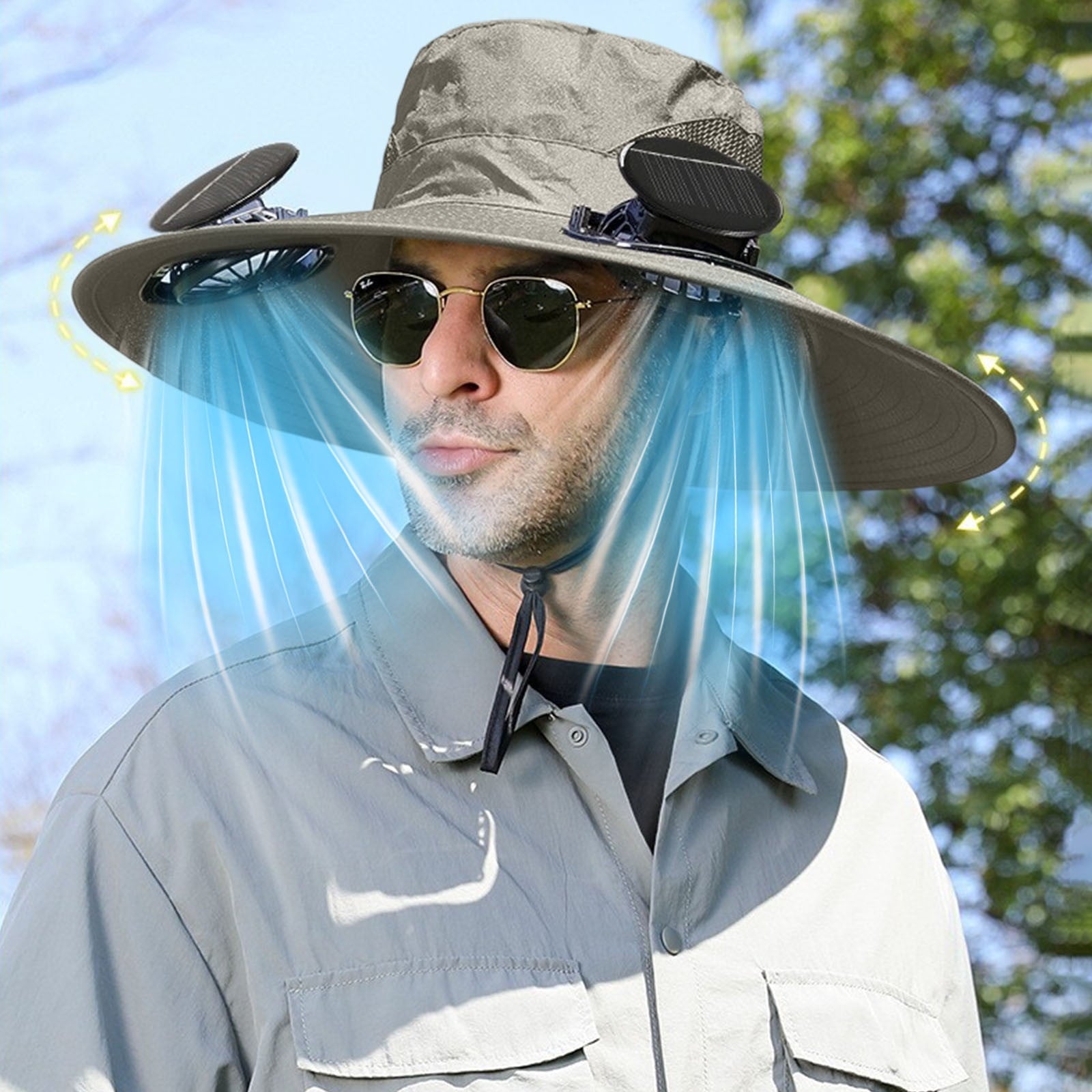 Solar Fan Hat Wide Brim Solar Fan Hat Outdoor Wide Brim Sun Hat with Solar Fan Fishing Hat, Removable & USB Charging Fan C-Gray