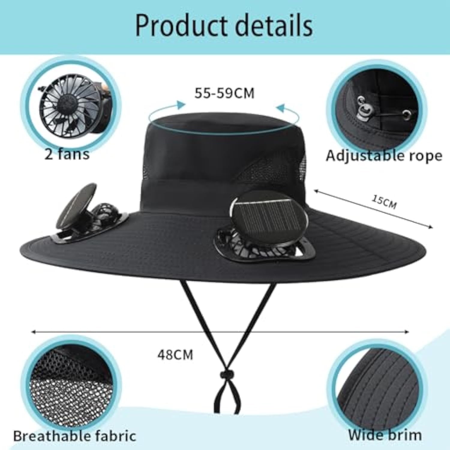 Solar Fan Hat Wide Brim Solar Fan Hat Outdoor Wide Brim Sun Hat with Solar Fan Fishing Hat, Removable & USB Charging Fan D-White