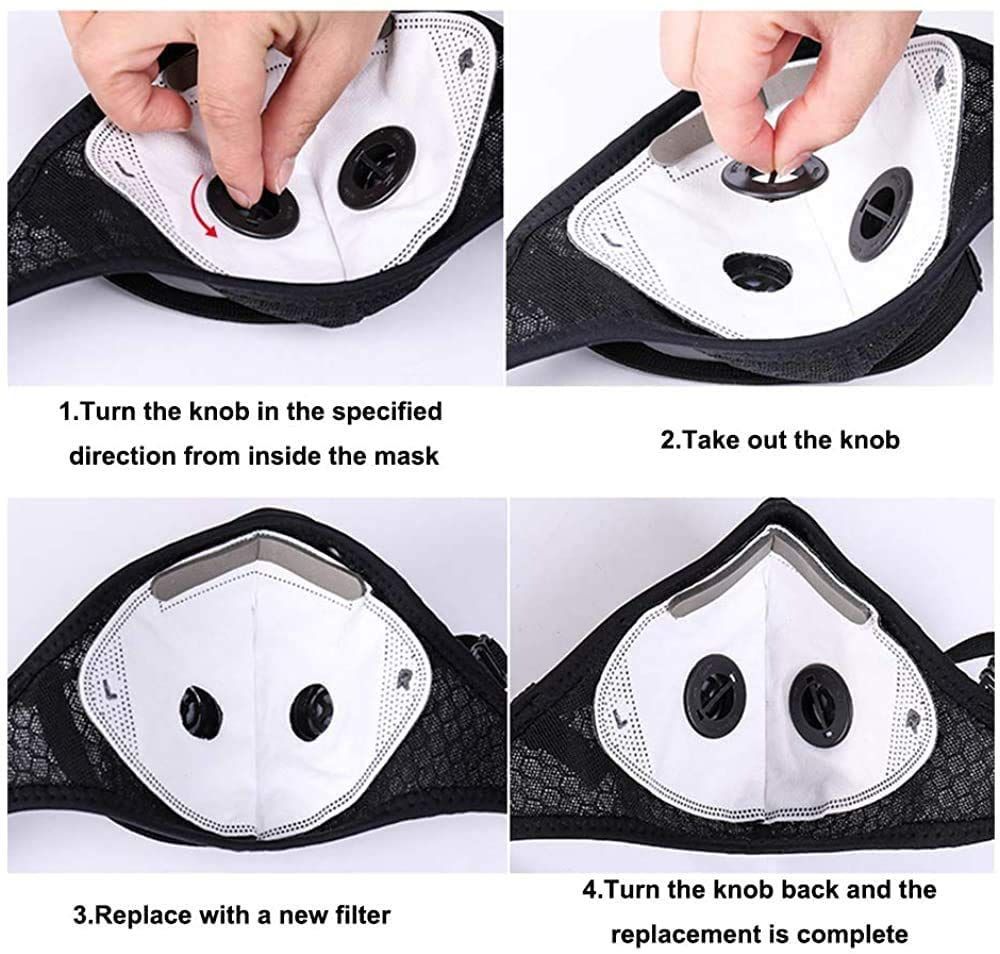 4 Pack Unisex Adjustable Reusable Washable Dust Protect Mouth Cover with 8Carbon Filters and 8 Breathing Valves for Bicycle Running Riding Cycling Outdoor Sport Black